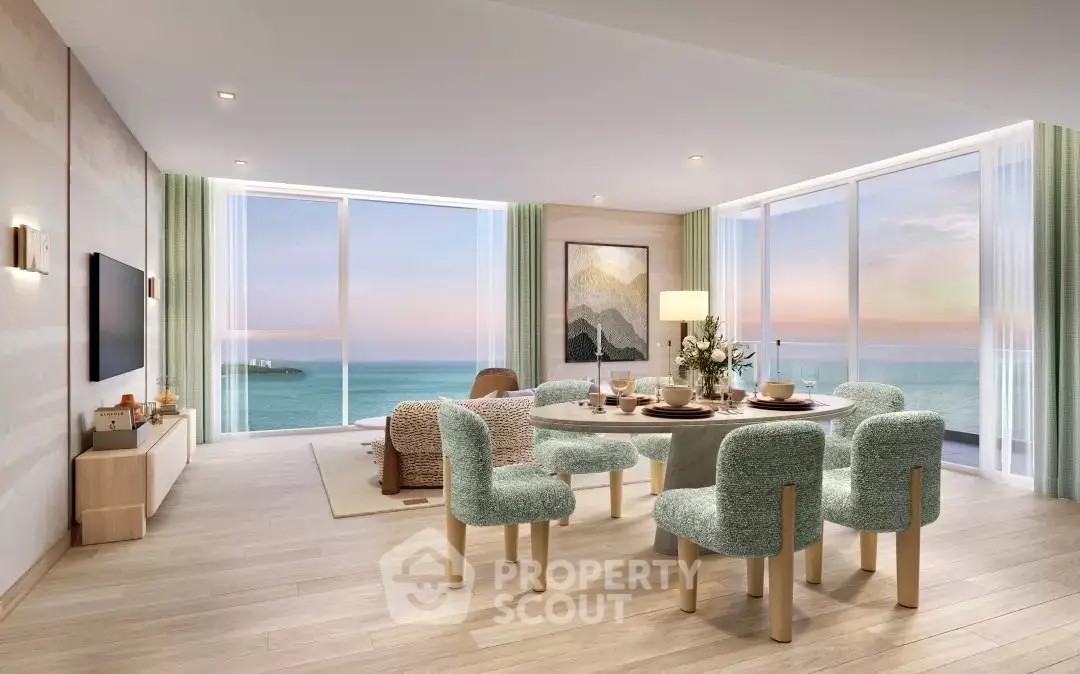 Luxurious ocean-view living room with elegant dining area and modern decor