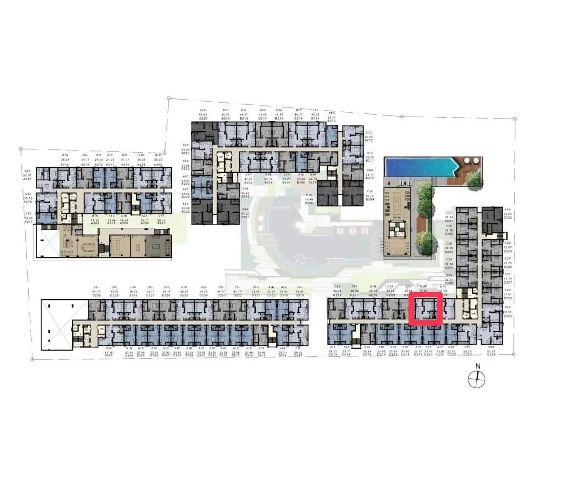 Detailed floor plan of modern residential complex with pool and garden areas.
