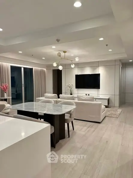 Luxurious modern living room with elegant dining area and stylish decor