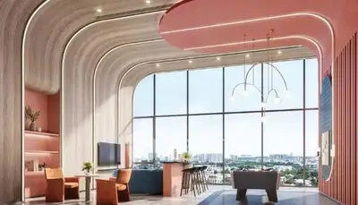 Stunning modern living room with panoramic city view and sleek design.