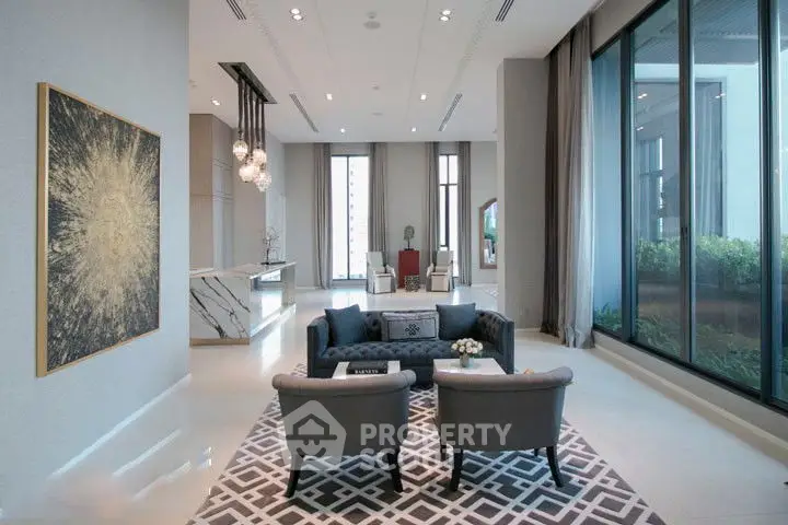 Luxurious modern living room with elegant decor and large windows offering garden views.