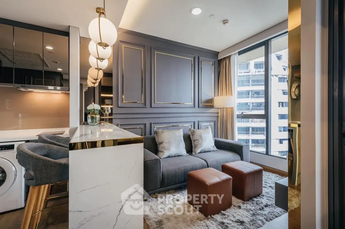 Luxurious modern living room with elegant decor and city view, featuring plush sofa and stylish lighting.