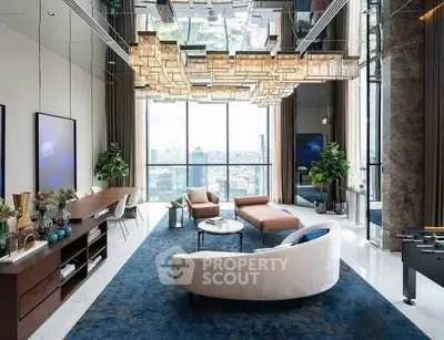Luxurious modern living room with panoramic city view and elegant decor
