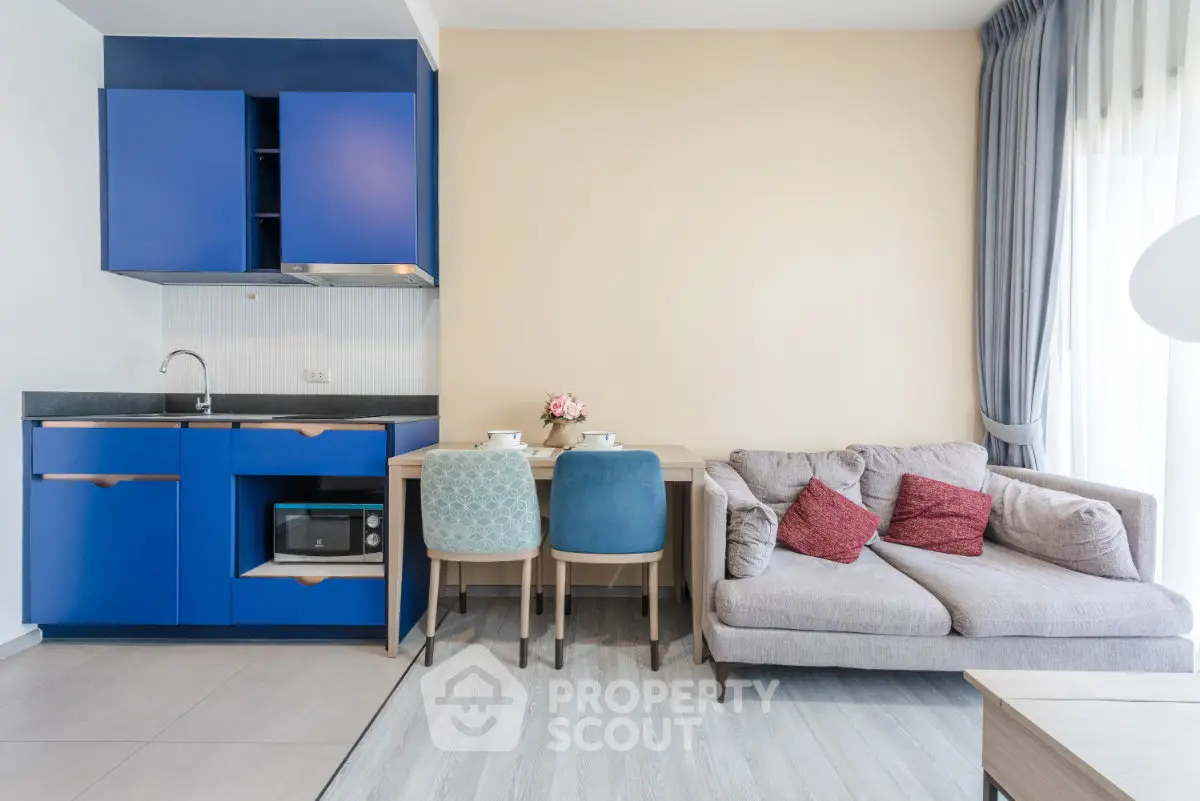 Modern living room with blue kitchen cabinets and cozy sofa in stylish apartment