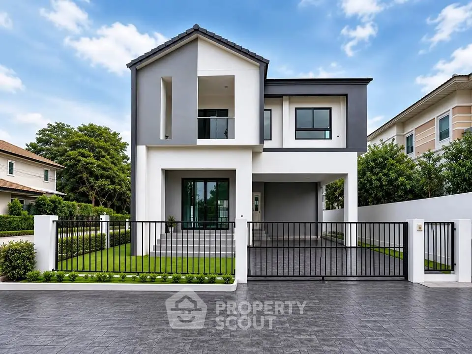 Modern two-story house with sleek design and spacious driveway in a suburban neighborhood.