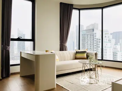 Elegant corner unit living room with panoramic city views through floor-to-ceiling windows, modern furnishings, and warm wooden flooring.