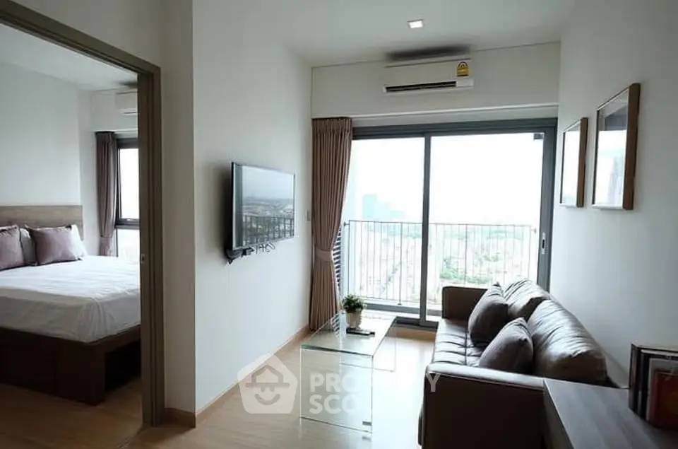 Modern apartment living room with balcony view and cozy furnishings