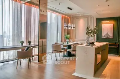Luxurious modern dining area with floor-to-ceiling windows and elegant decor