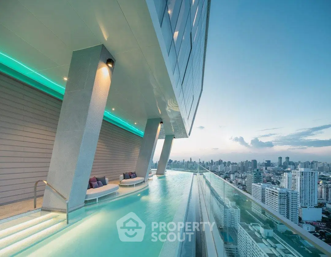 Luxurious rooftop infinity pool with stunning city skyline view at sunset.