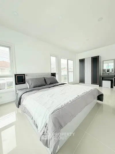 Spacious modern bedroom with sleek design and ample natural light