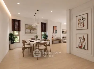 Elegant dining area with modern decor and natural light, featuring stylish artwork and wooden furniture.