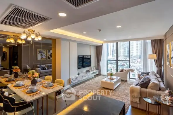 Luxurious open-plan living room with city view, elegant decor, and dining area.