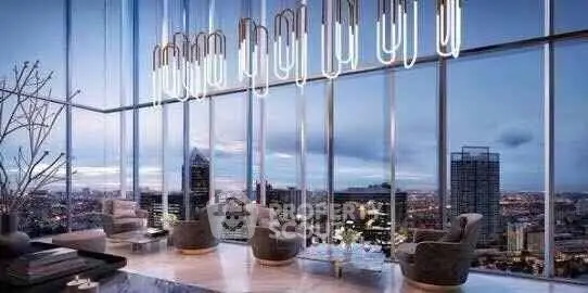 Luxurious high-rise living room with stunning cityscape view and modern lighting.
