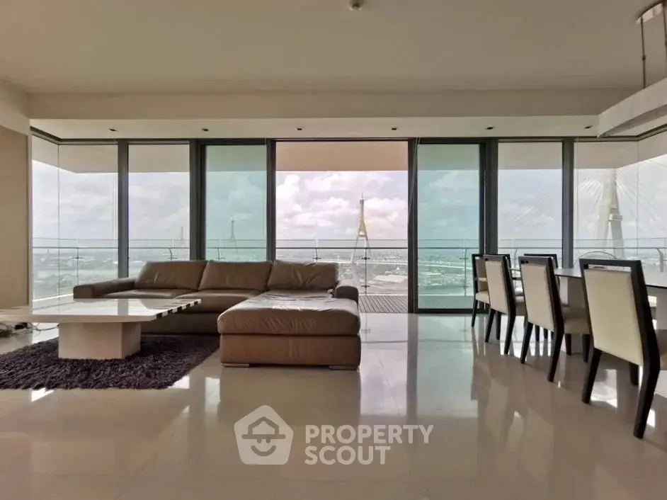 Luxurious living room with panoramic city view and modern furnishings