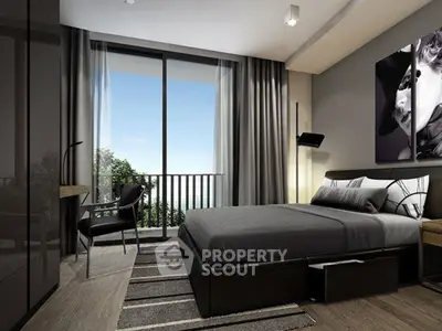 Modern bedroom with large window and stylish decor, offering a serene view.