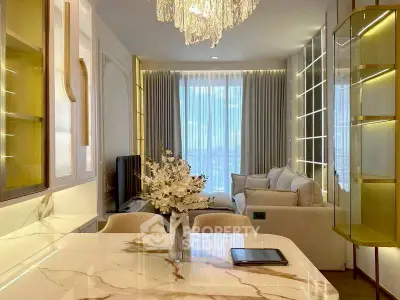 Luxurious modern living room with elegant chandelier and marble dining table, featuring floor-to-ceiling windows.