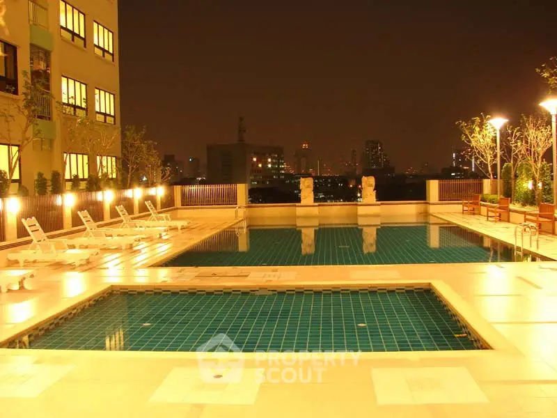 Luxurious rooftop pool with stunning city skyline views at night