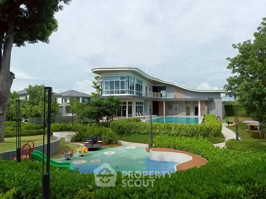 Luxurious modern house with pool and landscaped garden, perfect for family living.