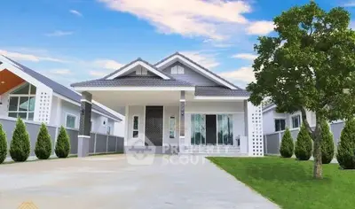 Charming single-story house with spacious driveway and lush green lawn under a clear blue sky.