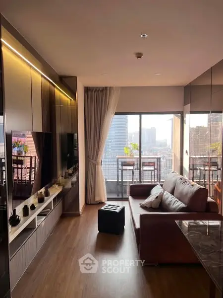 Modern living room with city view and stylish decor