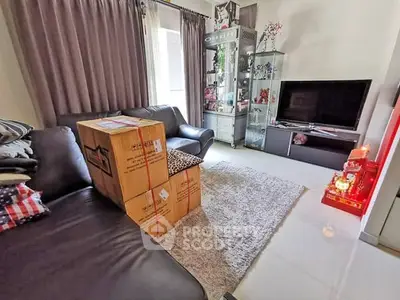 Cozy living room with modern decor and entertainment setup