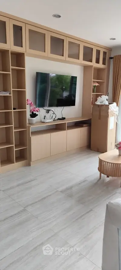 Modern living room with built-in shelving and flat-screen TV