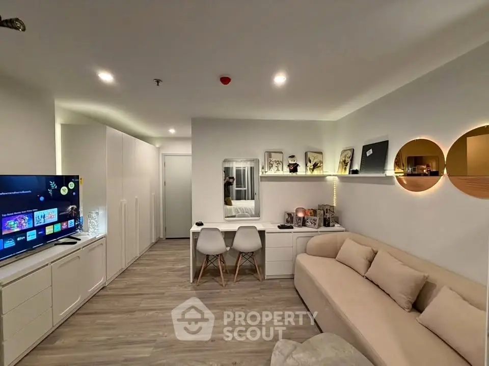 Modern living room with stylish decor and cozy seating area