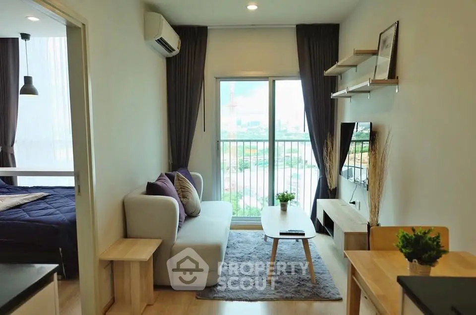 Modern living room with balcony view in stylish apartment