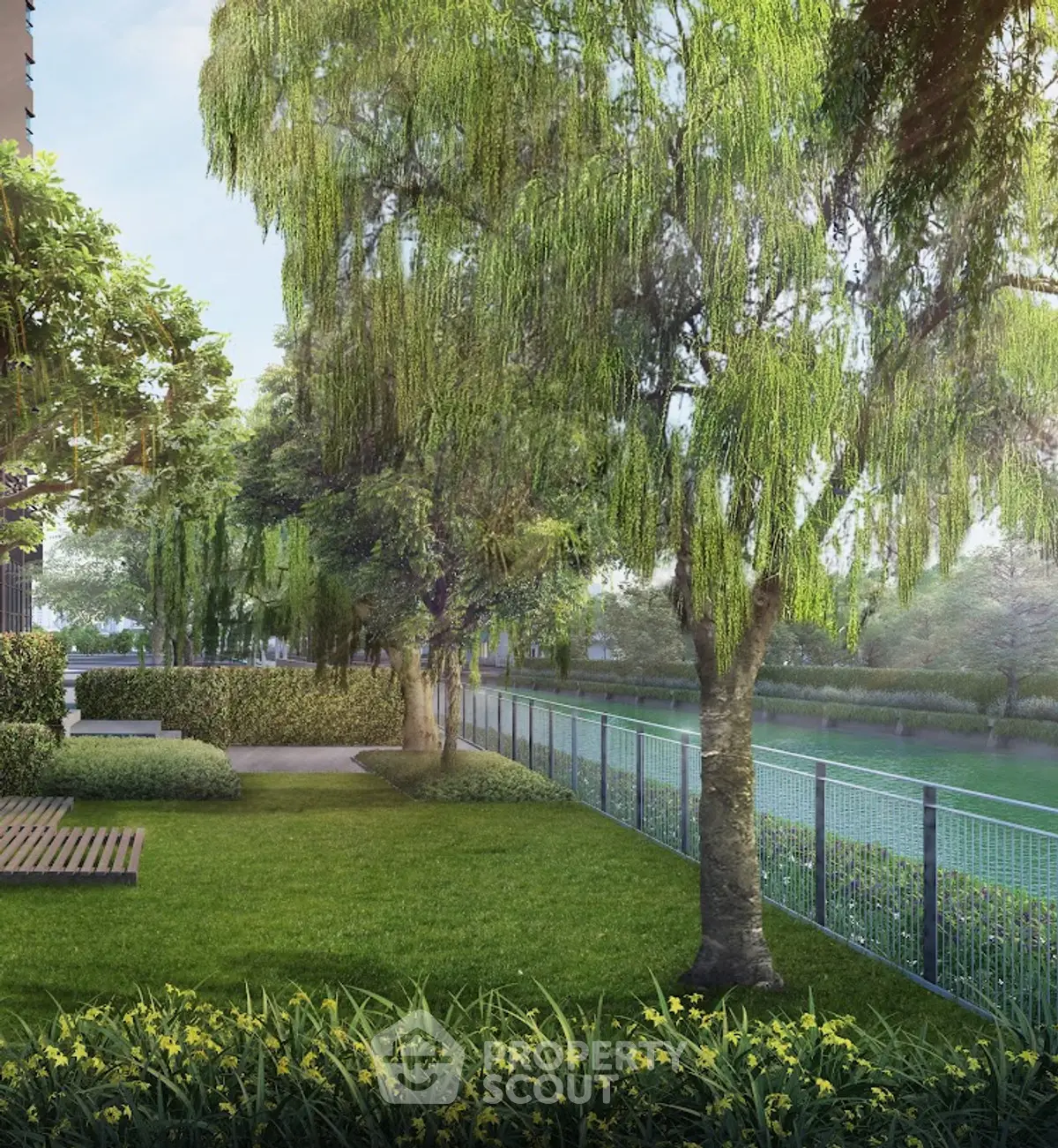 Lush green garden with trees and well-maintained lawn in a serene residential area.