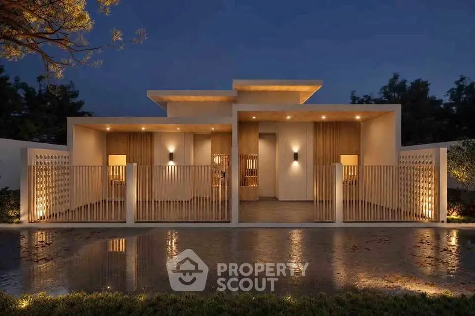 Modern architectural exterior with ambient lighting and sleek design at dusk.