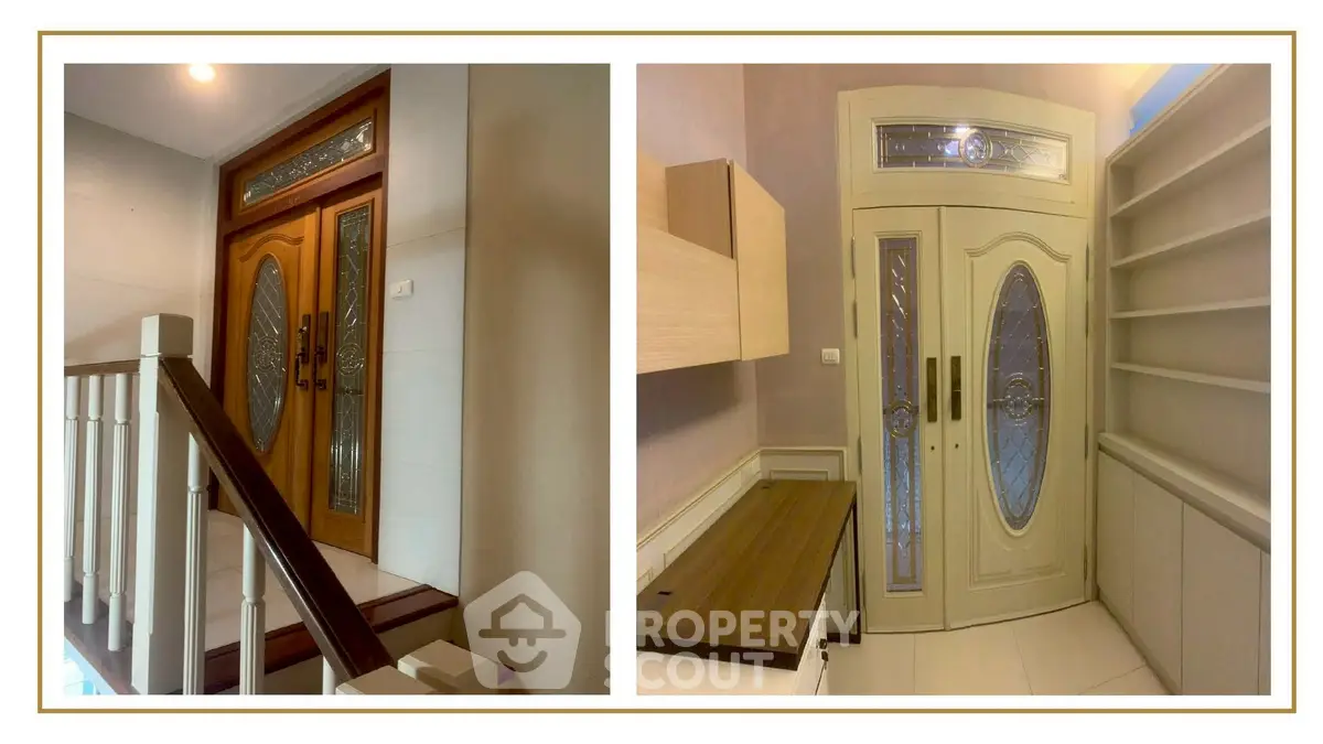 Elegant interior with wooden staircase and ornate doors, showcasing classic design elements.