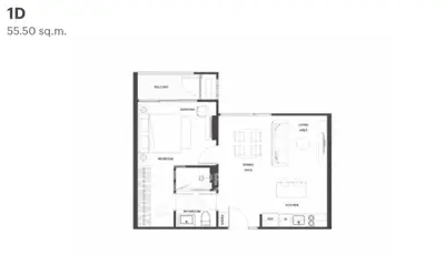 Modern 1-bedroom apartment floor plan with balcony and open kitchen layout, 55.50 sq.m.