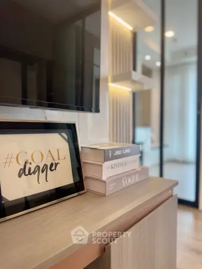 Modern living room with stylish decor and sleek shelving