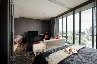 Luxurious bedroom with stunning city view and modern decor