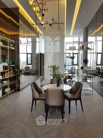 Luxurious modern living room with elegant decor and city view