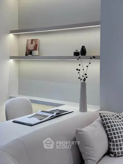 Modern minimalist living room with sleek shelves and elegant decor