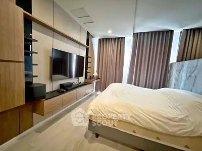 Modern bedroom with sleek wooden furniture and large windows