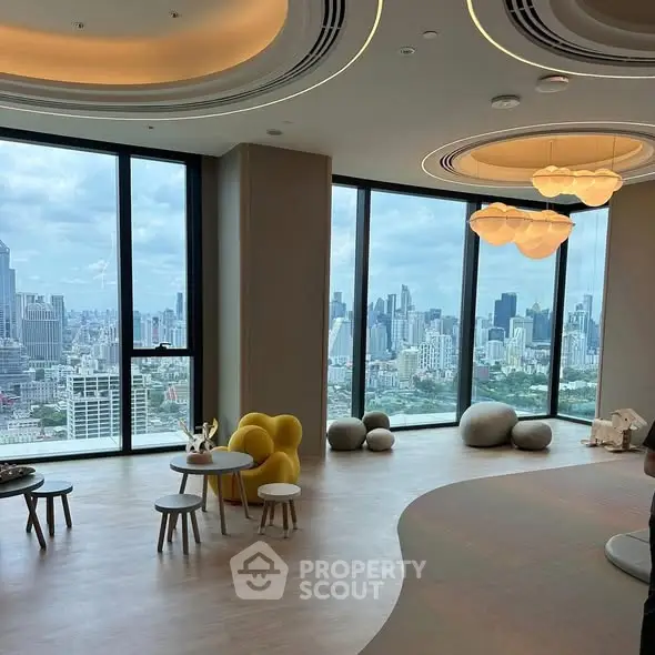 Stunning modern living room with panoramic city views and stylish decor.