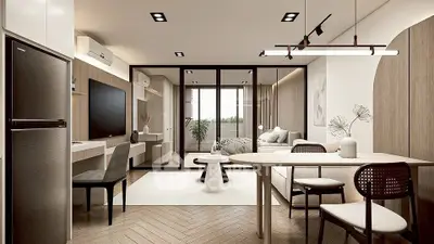 Modern open-plan living room with stylish decor and natural light