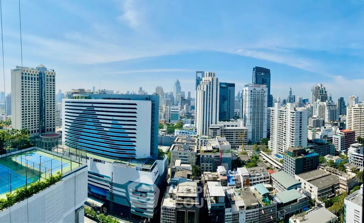 Stunning cityscape view showcasing modern skyscrapers and urban skyline under a clear blue sky.