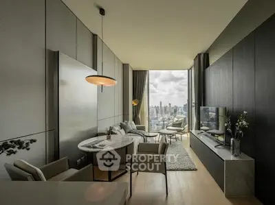 Luxurious modern living room with stunning city view and elegant decor.