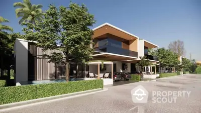 Modern luxury villa with sleek design, lush greenery, and spacious driveway in a serene neighborhood.