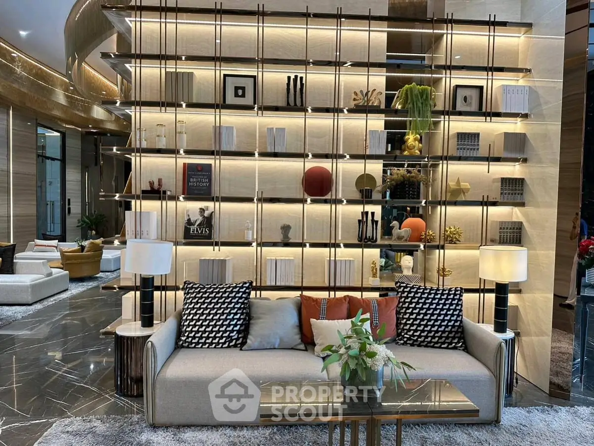 Luxurious modern living room with elegant decor and stylish shelving unit.