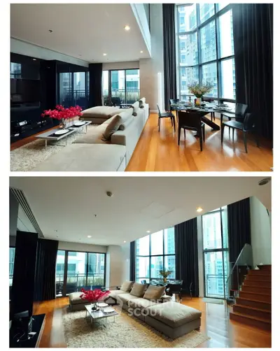 Luxurious modern living room with floor-to-ceiling windows and elegant decor