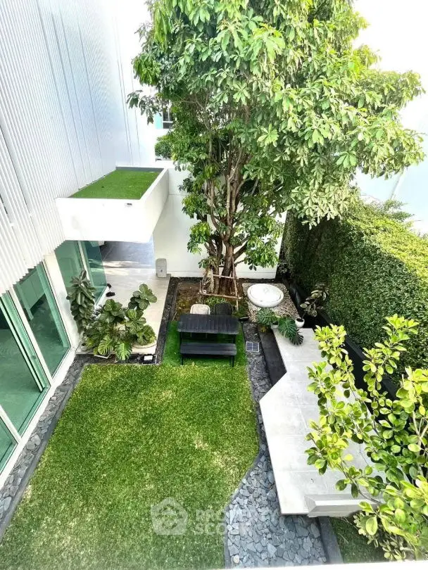 Stunning modern garden with lush greenery and stylish seating area