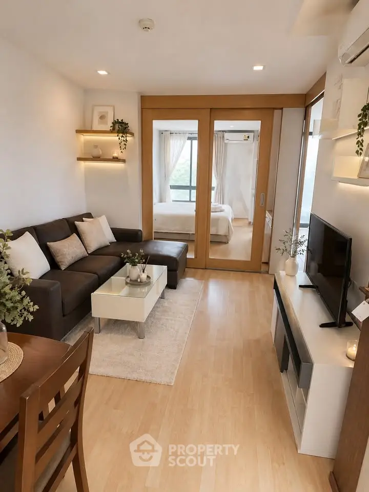 Modern living room with wooden flooring and cozy decor leading to a bright bedroom.