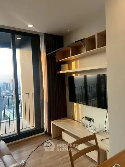 Modern living room with balcony view and stylish furniture in urban apartment