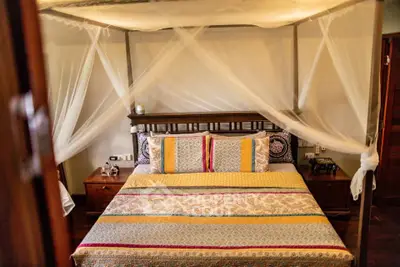 Charming bedroom with canopy bed and colorful bedding in cozy real estate property.