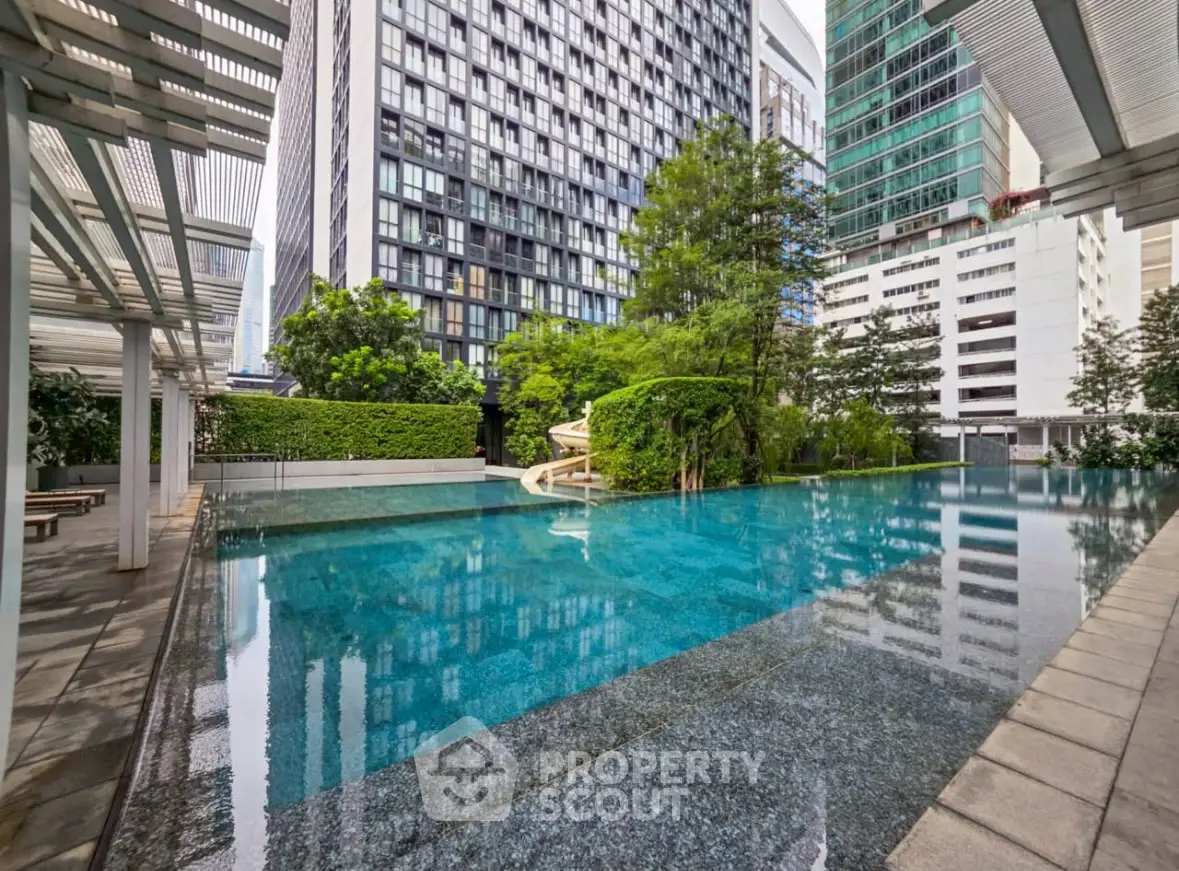 Luxurious urban swimming pool with modern high-rise buildings backdrop