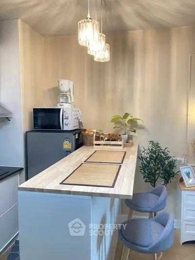 Modern kitchen with breakfast bar, stylish lighting, and compact appliances in a cozy apartment setting.